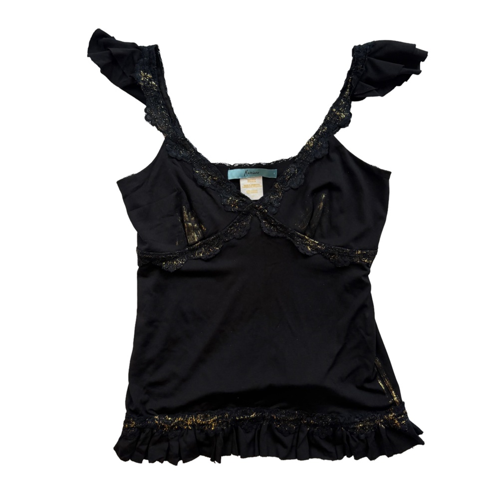 vintage y2k black top gold detail flutter sleeve ruffle edges lace trim v-neck